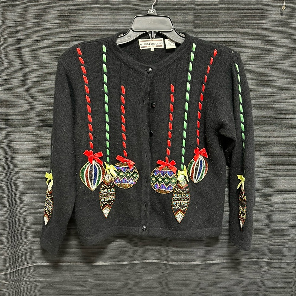 WESTBOUND Petites Christmas Applique Cardigan Sweater Medium w/ Beaded Ornaments